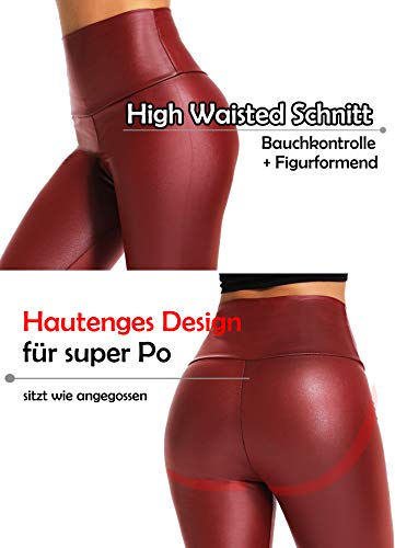 INSTINNCT Damen Kunstleder High Waist Leggings Skinny PU Leder Hose Leder-Optik Strumpfhosen Treggings Weinrot S - 5