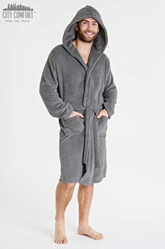 Luxus super weiche Männer Bademantel Herren Bademantel (L, graue Kapuze) - 4