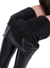 Minetom Damen Sexy Hohe Taille Skinny Kunstleder Leggings PU Leder Hose Lederhosen Gefütterte Winter Fleece Samt Leggins Strumpfhosen Treggings 1 A Schwarz Fleece S - 1