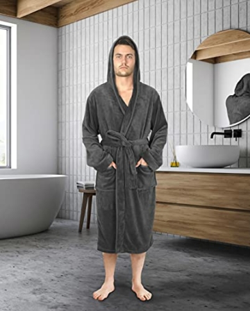 NY Threads Herren Morgenmantel aus Fleece mit Kapuze - Plüsch und Kuscheliger Bademantel für Männer (Schwarz, Large) (Dunkelgrau, Large) - 7