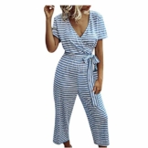 TIMEMEAN Jumpsuit Damen Grosse Grössen Bettwäsche Aus Baumwolle V-Ausschnitt Kurzarm Gestreift Übergröße Loser Gürtel Overalls Elegant (XXL, Blue Stripe) - 1