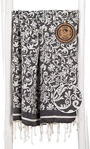 ZusenZomer Fouta XL Blumen 100x190 - Hamamtuch Damen Badetuch Strandtuch Saunatuch - 100% gekämmte Baumwolle Oeko-TEX - Fair Trade Hamam-Tuch (Schwarz) - 1