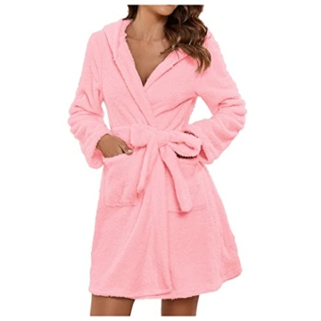 Alueeu Kurz Bademantel Damen Frottee Baumwolle Flauschig mit Kapuze Rosa Morgenmantel Hausmantel Frotteemantel Robe Negligee Saunakilt Morgenrock Nachtwäsche Bathrobe Kimono Reisebademantel - 2