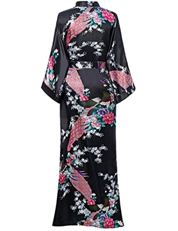 BABEYOND Damen Morgenmantel Maxi Lang Seide Satin Kimono Kleid Pfau Muster Kimono Bademantel Damen Lange Robe Schlafmantel Girl Pajama Party (Schwarz) - 2