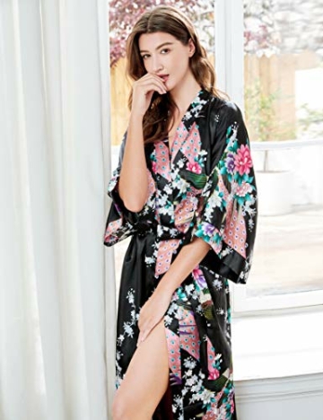 BABEYOND Damen Morgenmantel Maxi Lang Seide Satin Kimono Kleid Pfau Muster Kimono Bademantel Damen Lange Robe Schlafmantel Girl Pajama Party (Schwarz) - 3