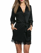 BeautyUU Damen Morgenmantel Kimono Bademantel Satin Nachthemd Nachtwäsche Schlafanzüge Mit Blumenspitze, 1-schwarz, M - 1