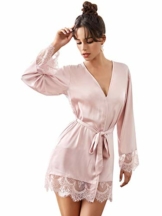 DIDK Damen Morgenmantel Bademantel Satin Sexy Kimono Kurz Robe mit Gürtel Nachthemd für Braut Nachtwäsche mit Blumenspitze Baby Rosa S - 1