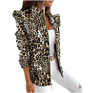 Blazer Damen Business Casual Anzug Anzugjacke mit Leopardenmuster Bürodame Berufskleidung Stehen Langarmshirts Cardigan Bluse mit offenem Reißverschluss Übergangsjacke Wintermantel Winterjacke - 1