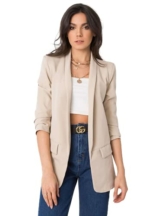 Generic Blazer Damen Elegant - Damenjacke ohne Verschluss mit Faltigen Ärmeln - Kurzarm Mantel - Business Outfit Damen Longblazer, Kleidung Damen Elegant (Beige, M) - 1