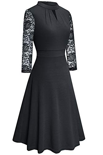 HOMEYEE Damen Elegant Hollow Out Spitzenärmel Swing Plissee Party Cocktailkleid A234 (M, Schwarz) - 4