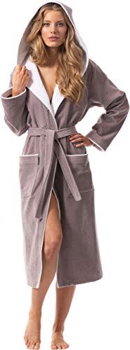 Morgenstern Bademantel Damen lang aus Baumwolle mit Kapuze in Taupe Saunamantel wadenlang Bademantel Sauna Frottee Größe M Leonie - 2