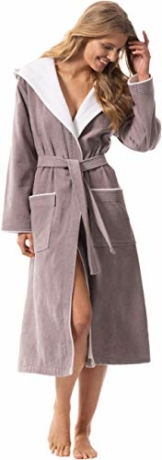 Morgenstern Bademantel Damen lang aus Baumwolle mit Kapuze in Taupe Saunamantel wadenlang Bademantel Sauna Frottee Größe M Leonie - 1