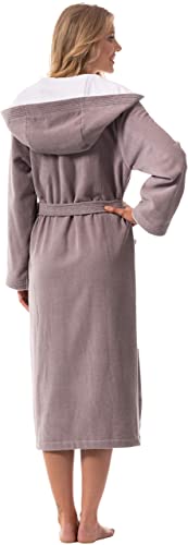 Morgenstern Bademantel Damen lang aus Baumwolle mit Kapuze in Taupe Saunamantel wadenlang Bademantel Sauna Frottee Größe M Leonie - 3