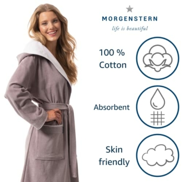 Morgenstern Bademantel Damen lang aus Baumwolle mit Kapuze in Taupe Saunamantel wadenlang Bademantel Sauna Frottee Größe M Leonie - 4
