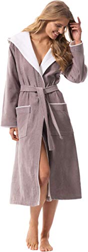 Morgenstern Bademantel Damen lang aus Baumwolle mit Kapuze in Taupe Saunamantel wadenlang Bademantel Sauna Frottee Größe M Leonie - 1