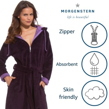 Morgenstern Bademantel Damen Reißverschluss Kapuze Burgund L - 3