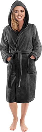 NY Threads Damen Morgenmantel aus Fleece mit Kapuze - Plüsch und Kuscheliger Bademantel für Frauen (Dunkelgrau, Medium) - 1