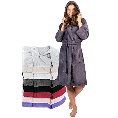 Twinzen Bademantel Damen - M - DarkGrau - 100% Baumwolle (350g/m²) OEKO-TEX® Zertifiziert - Bademantel mit Kapuze, 2 Taschen, Gürtel - 1