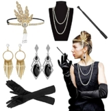 anshuke 20er Jahre Accessoires, 6 Stück 1920er Flapper Great Gatsby Accessoires Set mit Stirnband Halskette Ohrringe, Mode Retro Kostüm Damen Accessoires für Karneval Halloween Weihnachten - 1