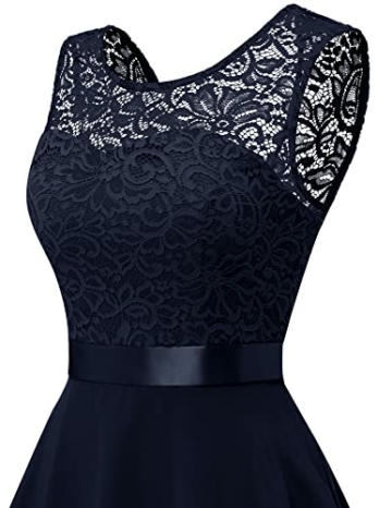 BeryLove Damen Spitzenkleid Brautjungfer Elegant Party Knielang Cocktailkleid Chiffon Ärmellos BLP7005B-NavyM - 6