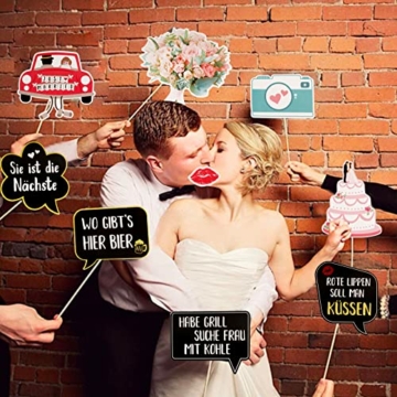 BETESSIN 36 Stücke Foto Requisiten Hochzeit Fotobox Accessoires Deutsche Sprüche Photo Booth Partybrillen Fotoboxzubehör für Hochzeit JGA Partydeko - 4