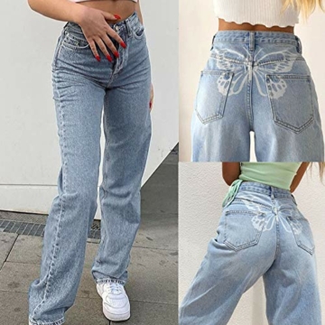 Briskorry Damen Baggy Jeans Y2K Style Jeanshose mit Hoher Taille, Gerade Jeanshose mit Weitem Bein, Mode Loose Flare Bleistift-Jeanshose Schlagjeans, Freizeithose Boyfriend Jeans (Blau4, S) - 6