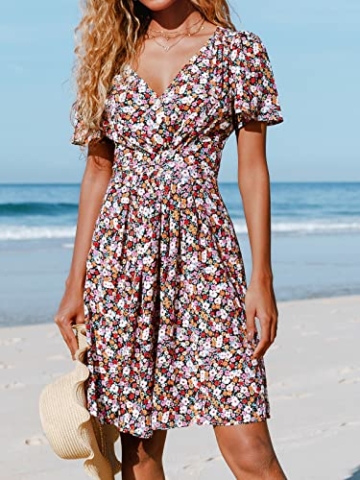 CUPSHE Damen Kleid V Ausschnitt Kurzarm Blümchenmuster Knöpfen Sommerkleid Freizeitkleid Strand Mini Dress Mehrfarbig M - 3