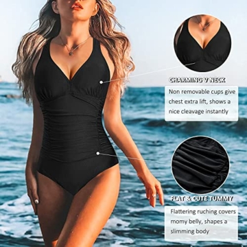 KUMAYES Damen Badeanzug Monokini Bauchweg Schlankheits Badeanzug V Ausschnitt Badebekleidung Bauchweg Bademode Swimsuit (L, Schwarz) - 2