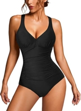 KUMAYES Damen Badeanzug Monokini Bauchweg Schlankheits Badeanzug V Ausschnitt Badebekleidung Bauchweg Bademode Swimsuit (L, Schwarz) - 1