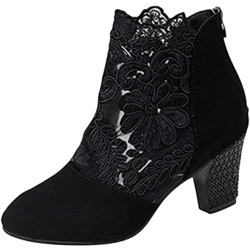 LLDG Damen Stiefeletten High Heels Chelsea Boots Absatz Atmungsaktive Mesh Ankle rutschfest Kurzschaft Retro Knöchel Stiefel Biker wasserdichte Combat Mode Outdoor Boots, Schwarz, 36 EU - 2
