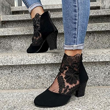 LLDG Damen Stiefeletten High Heels Chelsea Boots Absatz Atmungsaktive Mesh Ankle rutschfest Kurzschaft Retro Knöchel Stiefel Biker wasserdichte Combat Mode Outdoor Boots, Schwarz, 36 EU - 3