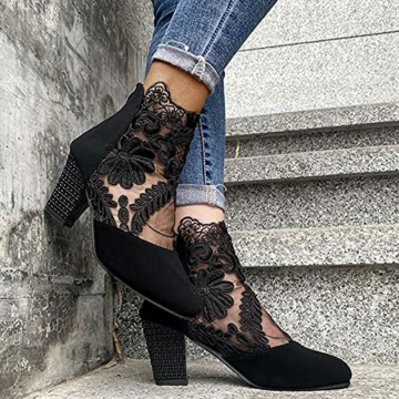 LLDG Damen Stiefeletten High Heels Chelsea Boots Absatz Atmungsaktive Mesh Ankle rutschfest Kurzschaft Retro Knöchel Stiefel Biker wasserdichte Combat Mode Outdoor Boots, Schwarz, 36 EU - 5
