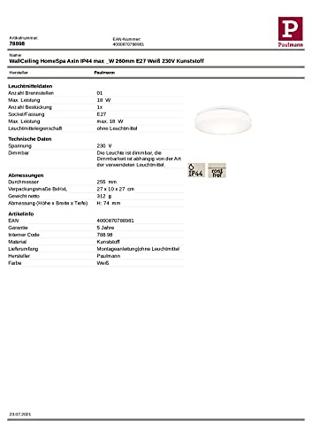 Paulmann 78898 HomeSpa Deckenleuchte Axin IP44 260mm max. 18 Watt Deckenleuchte Weiß Badezimmerlampe Kunststoff E27 - 9