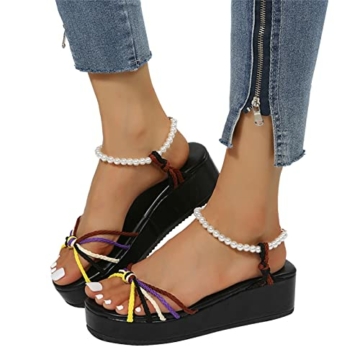 Sandalen Damen Elegant Flach Damenmode Sommer bunte geflochtene Riemen Perle Schnalle Plattform Keil Sandalen Hohe Schuhe Damen Absatz Schwarz Vorne Offen Absatz 5 Cm - 4