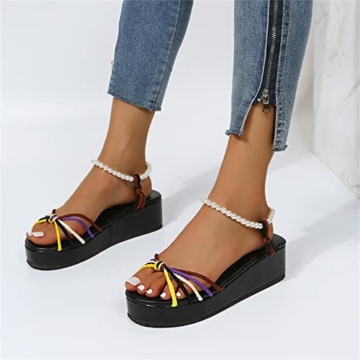 Sandalen Damen Elegant Flach Damenmode Sommer bunte geflochtene Riemen Perle Schnalle Plattform Keil Sandalen Hohe Schuhe Damen Absatz Schwarz Vorne Offen Absatz 5 Cm - 5