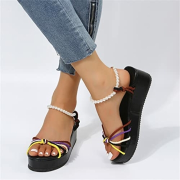 Sandalen Damen Elegant Flach Damenmode Sommer bunte geflochtene Riemen Perle Schnalle Plattform Keil Sandalen Hohe Schuhe Damen Absatz Schwarz Vorne Offen Absatz 5 Cm - 7