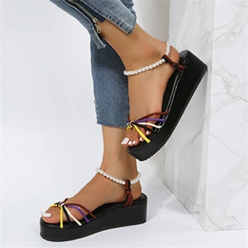 Sandalen Damen Elegant Flach Damenmode Sommer bunte geflochtene Riemen Perle Schnalle Plattform Keil Sandalen Hohe Schuhe Damen Absatz Schwarz Vorne Offen Absatz 5 Cm - 8