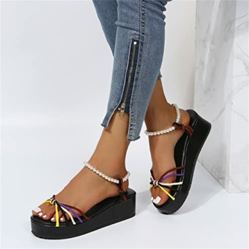 Sandalen Damen Elegant Flach Damenmode Sommer bunte geflochtene Riemen Perle Schnalle Plattform Keil Sandalen Hohe Schuhe Damen Absatz Schwarz Vorne Offen Absatz 5 Cm - 9
