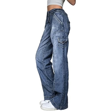 Sawmew Damen Low Waist Cargo Jeans Gerade Breites Bein Baggy Denim Hosen Y2k Indie Aesthetic Vintage Jeanshosen 90er Streetwear (Color : Blue, Size : M) - 2