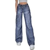Sawmew Damen Low Waist Cargo Jeans Gerade Breites Bein Baggy Denim Hosen Y2k Indie Aesthetic Vintage Jeanshosen 90er Streetwear (Color : Blue, Size : M) - 1