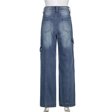 Sawmew Damen Low Waist Cargo Jeans Gerade Breites Bein Baggy Denim Hosen Y2k Indie Aesthetic Vintage Jeanshosen 90er Streetwear (Color : Blue, Size : M) - 5