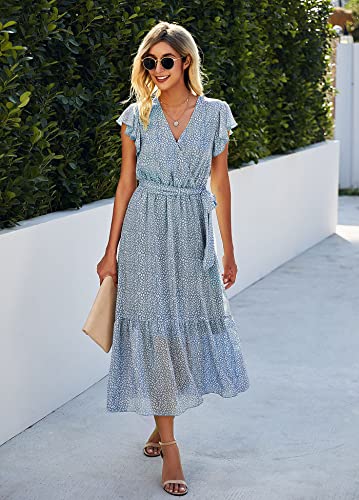 SEVETAT Damen Chiffon Boho Lange Kleid mit Gürtel Sommerkleid Partykleid Elegant V-Ausschnitt Maxikleid Blumenkleid Abendkleid Rüschen Strandkleid Cocktailkleid (Hellblau, S) - 2