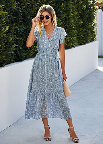 SEVETAT Damen Chiffon Boho Lange Kleid mit Gürtel Sommerkleid Partykleid Elegant V-Ausschnitt Maxikleid Blumenkleid Abendkleid Rüschen Strandkleid Cocktailkleid (Hellblau, S) - 3