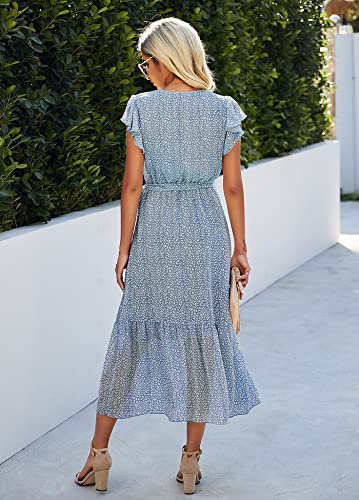 SEVETAT Damen Chiffon Boho Lange Kleid mit Gürtel Sommerkleid Partykleid Elegant V-Ausschnitt Maxikleid Blumenkleid Abendkleid Rüschen Strandkleid Cocktailkleid (Hellblau, S) - 4