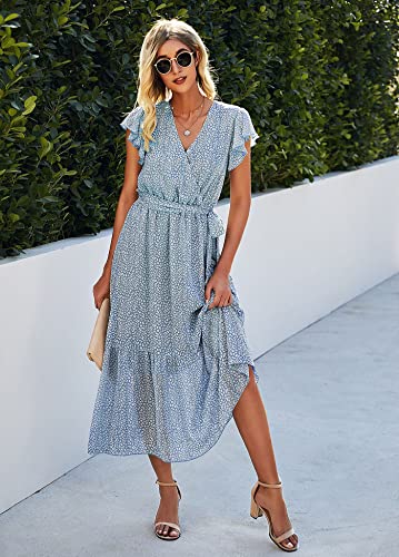 SEVETAT Damen Chiffon Boho Lange Kleid mit Gürtel Sommerkleid Partykleid Elegant V-Ausschnitt Maxikleid Blumenkleid Abendkleid Rüschen Strandkleid Cocktailkleid (Hellblau, S) - 5