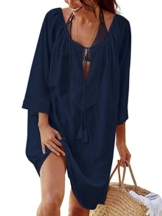 UMIPUBO Damen Strandkleid Oversize Sexy Bikini Cover Up Sommer Strandponcho Strand Vertuschung für Frauen Tunika Kurz Sommerkleid Bademode mit Quasten für Sommerstrand, Schwimmbad, Wandern(Marine) - 1