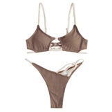 ZAFUL Bikini Badebekleidung Mit Gerippten Kontrastriemen und Ausgeschnittenem Tanga(Braun,S) - 1