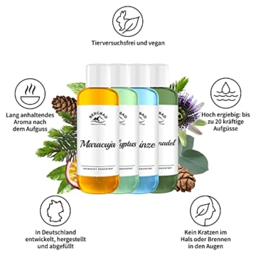 BERGBAD Saunaaufguss Set 4 x 250ml, wohltuendes, erfrischendes Sauna-Aufgussmittel ohne Alkohol - kein Gefahrgut, perfekt für Reisen oder sensible wie Heimsauna Umgebung da nicht brennbar - 2