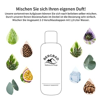 BERGBAD Saunaaufguss Set 4 x 250ml, wohltuendes, erfrischendes Sauna-Aufgussmittel ohne Alkohol - kein Gefahrgut, perfekt für Reisen oder sensible wie Heimsauna Umgebung da nicht brennbar - 4