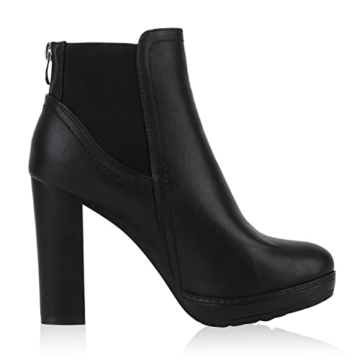 Damen Ankle Boots Plateau Stiefeletten Zipper Holzoptikabsatz Schuhe 111135 Schwarz 38 Flandell - 2